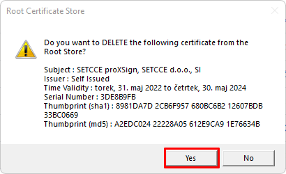 Warning about existing certificate removal