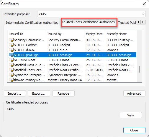 SETCCE proXSign certificate location